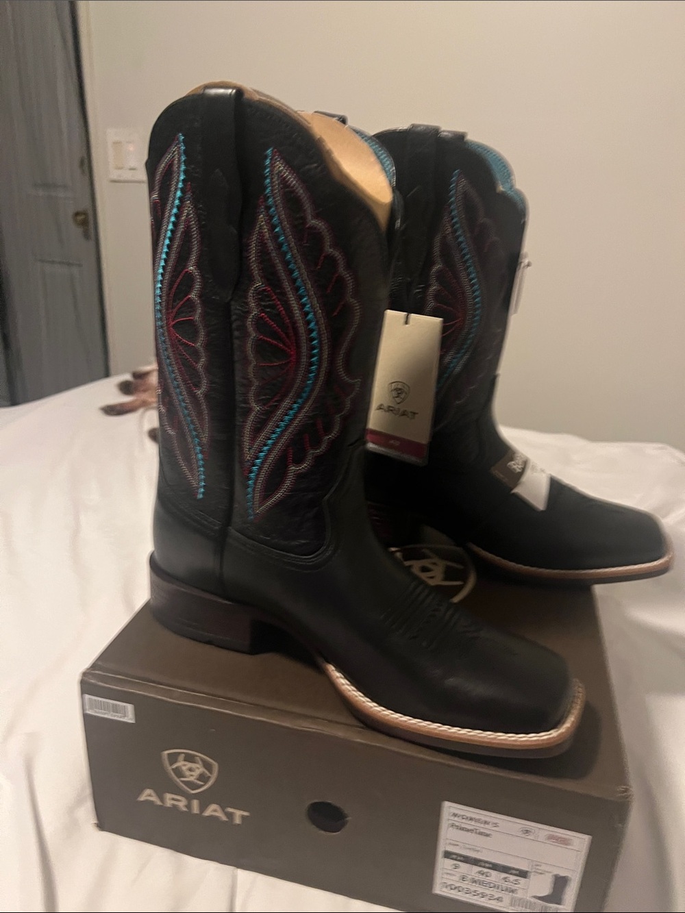 Ariat Black Lace-Up Western Boots with Turquoise & Pink Embroidery